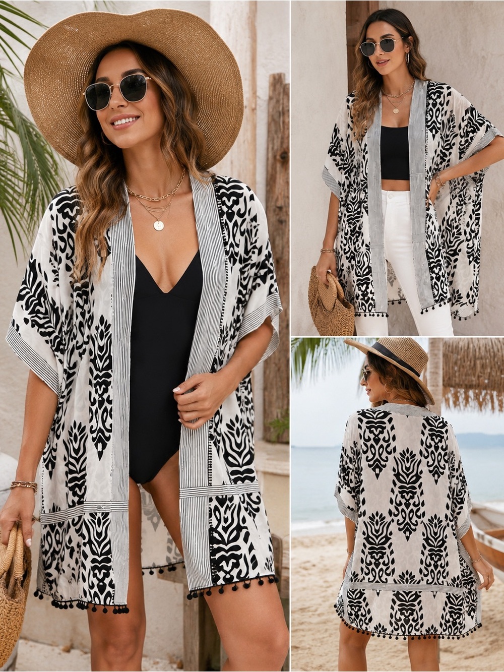 Black & White Printed Kimono Swim Cover-Up with Pom Trim